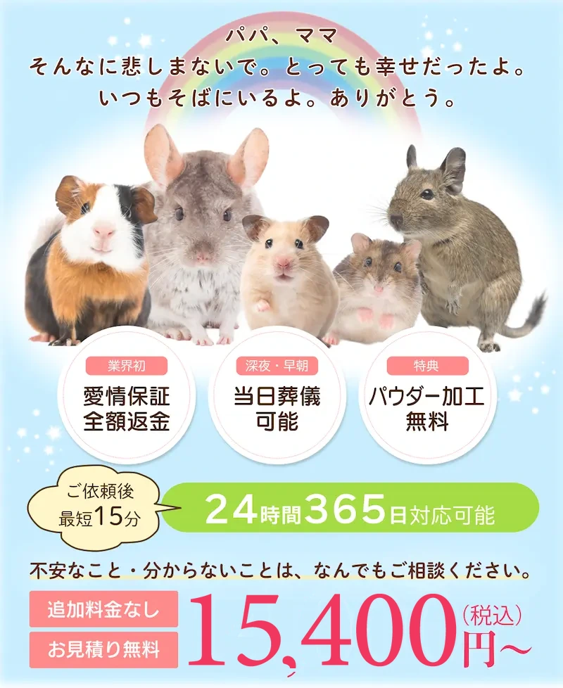 ハムスターの火葬・訪問葬儀。個別火葬・追加料金なし・お見積り無料。15,400円（税込）〜、24時間365日対応。