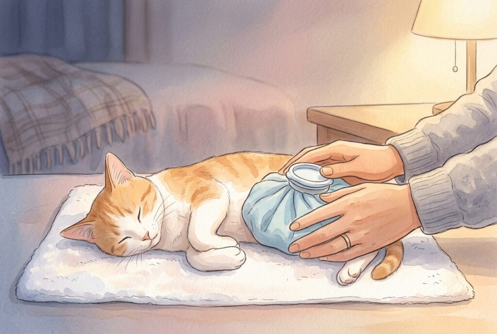 夜中に亡くなった猫を白いタオルの上に寝かせ、飼い主がタオルで包んだ保冷剤をお腹にそっと当てている水彩イラスト