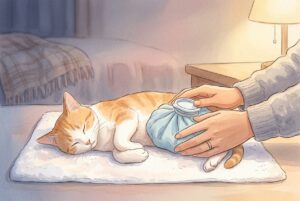 夜中に亡くなった猫を白いタオルの上に寝かせ、飼い主がタオルで包んだ保冷剤をお腹にそっと当てている水彩イラスト